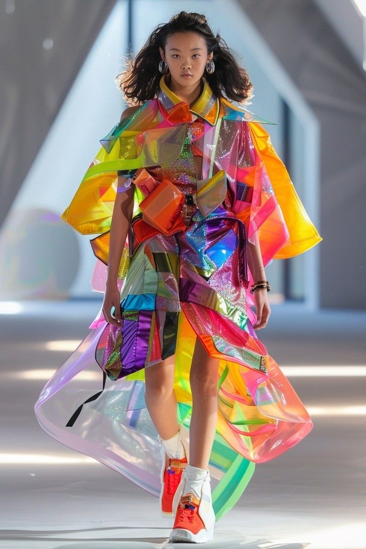 a model walks down the runway in a colorful dress made out of plastic wraps