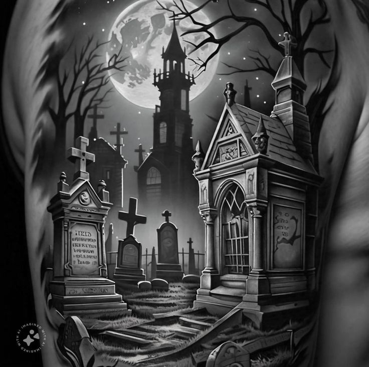 a man's arm with cemetery and graveyard scene on it, in black and white