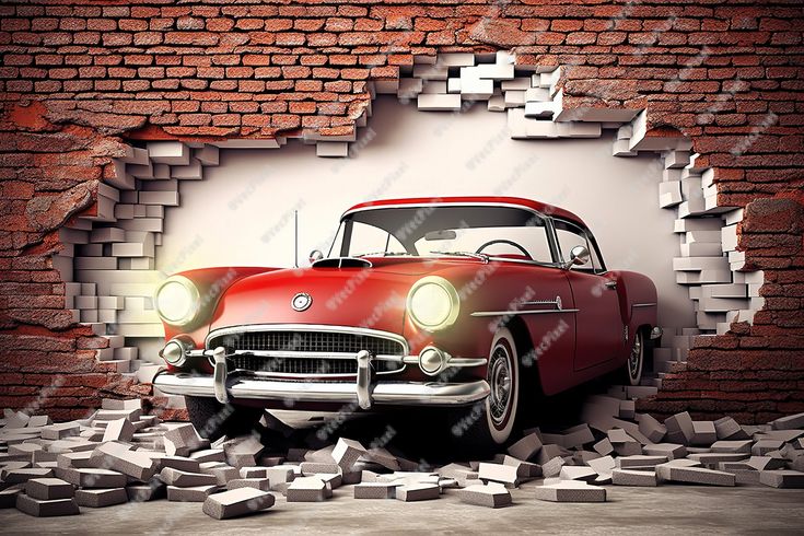 an old red car is breaking through a brick wall with its hood up and headlight on