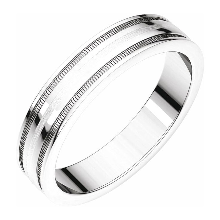 4mm Sterling Silver Flat Edge Satin Center Milgrain Comfort Fit Band Classic Silver Jewelry With Milgrain Detail, Classic Silver Ring With Milgrain Detail, Classic Silver Rings With Milgrain Details, Classic Silver Milgrain Rings, Formal Silver Rings With Milgrain Detail, Classic Silver Jewelry With Brushed Finish, Formal Silver Milgrain Rings, Silver Platinum Ring With Milgrain Detail, Silver Platinum Rings With Milgrain Detail