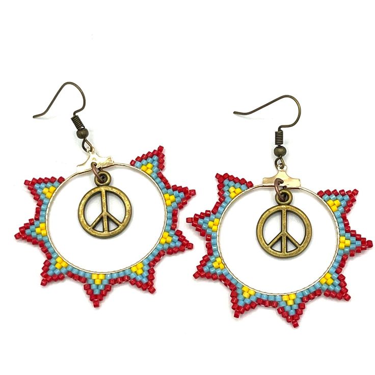 Funky Handmade Hoop Sunburst Earrings With Red, Aqua And Yellow Seed Beads Around A Gold Toned Hoop In A Sunburst Pattern. Adorned With A Bronze Peace Sign Charm Hanging In The Center. Made With Hypoallergenic Bronze Toned Ear Hooks. Hippie Boho Dangle Party Colorful Whimsical Western Hand Crafted Handcrafted By Me So Each Piece Is One Of A Kind. Your Order Is Beautifully Packaged With Care And Shipped The Same Or Next Business Day. Handmade Casual Hoop Jewelry, Nickel-free Small Hoop Beaded Earrings For Summer, Handmade Red Hoop Earrings For Beach, Retro Beaded Dangle Jewelry, Adjustable Round Beaded Earrings For Festivals, Red Bohemian Hoop Earrings For Summer, Red Bohemian Hoop Earrings For Beach, Bohemian Red Hoop Earrings For Beach, Retro Red Earrings For Summer