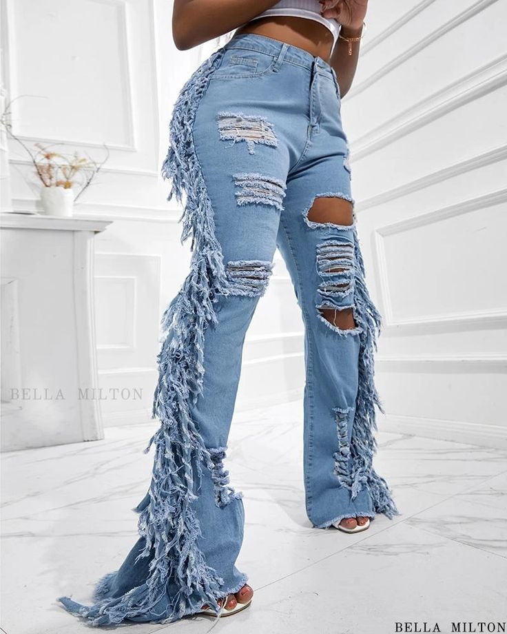 Bella Milton - Premium High-Waisted Distressed Denim with Cutout Fringe Details Ripped Fitted Cotton Jeans, Fitted Ripped Cotton Jeans, Non-stretch Distressed Denim Flare Jeans, Stretch Ripped Flare Jeans In Denim Blue, High Waist Ripped Cotton Flare Jeans, Stretch Ripped Denim Blue Flare Jeans, Ripped Fitted Flare Jeans For Summer, Ripped Fitted Bottoms For Fall, Summer Ripped Fitted Flare Jeans