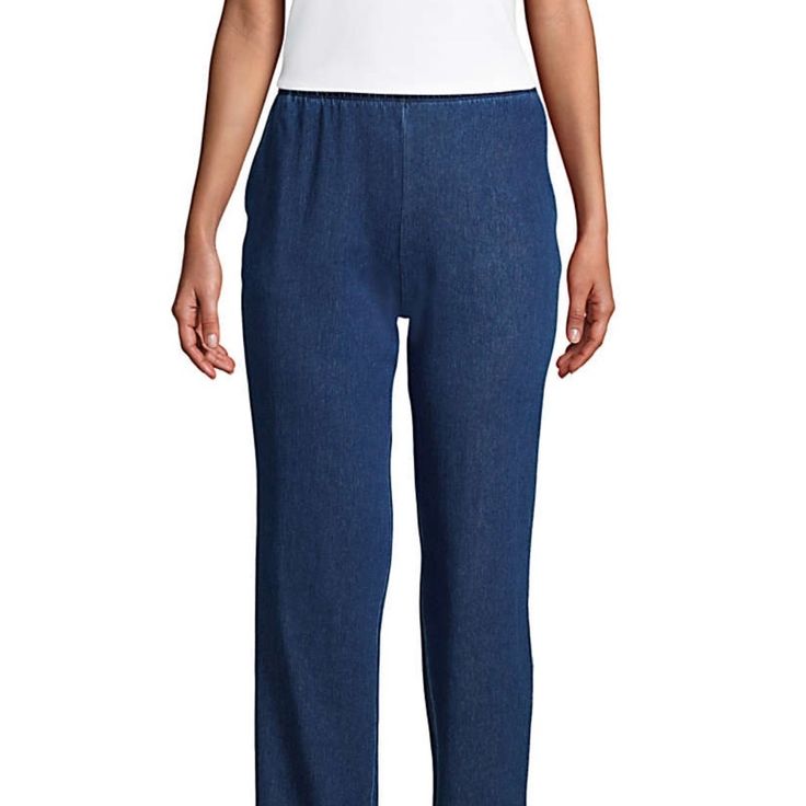 French Terry Fabric Has The Look Of Denim High Rise: Sits At The Natural Waist Flattering Straight-Leg Silhouette Easy, Full-Elastic Waist Side Pockets Hold Small Essentials Pre-Hemmed Inseams: Regular, 30"; Petite, 27 1/2"; Tall, 32" 97% Cotton/3% Spandex. Machine Wash. Imported Stretch Cropped Leg Denim Pants, Relaxed Fit Denim Bottoms With Elastic Waistband, Relaxed Fit Denim Pants With Elastic Waistband, Denim Bottoms With Elastic Waistband And Cropped Leg, High Rise Casual Pants With Pull-on Style, Stretch Denim Pants In Medium Wash, Casual High Rise Pull-on Bottoms, Casual Stretch Dark Wash Pants, Medium Wash Stretch Cropped Pants