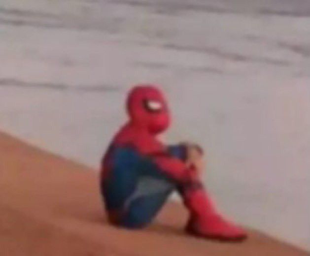 a spider man is sitting on the beach