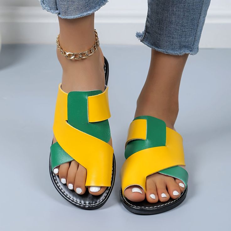 Loop Toe Slide Sandals: Lightweight Casual Comfort – VVPIK Green Slip-on Sandals For Summer, Synthetic Toe Post Slides For Spring, Spring Toe Post Synthetic Slides, Spring Synthetic Toe Post Slides, Yellow Synthetic Toe Post Sandals, Yellow Synthetic Flat Flip Flops, Yellow Flat Synthetic Flip Flops, Green Slip-on Summer Sandals, Green Synthetic Slides For Summer