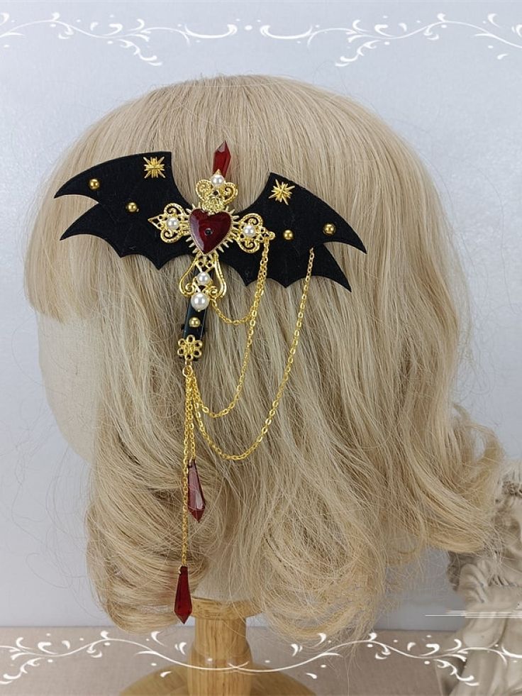 Chain Design White / Black / Red Bat Wing Hairclip Creepy Cute Fashion, Headpiece Accessories, Fancy Bows, Diy Clothes Design, Bat Wing, Chain Design, Gold Pattern, Red Stone, Gothic Lolita