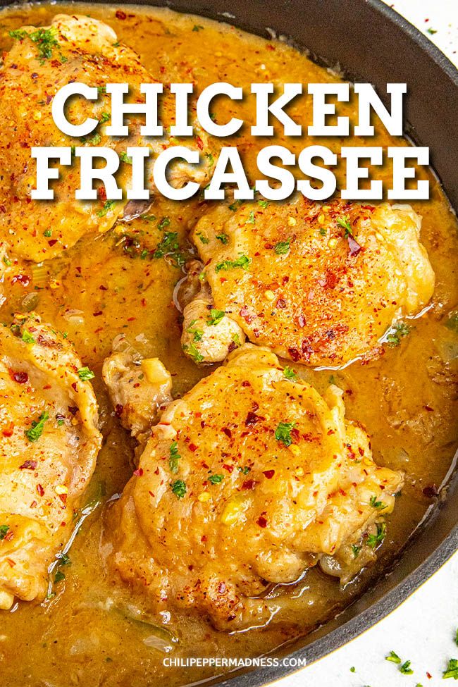 chicken fricase in a skillet with the title