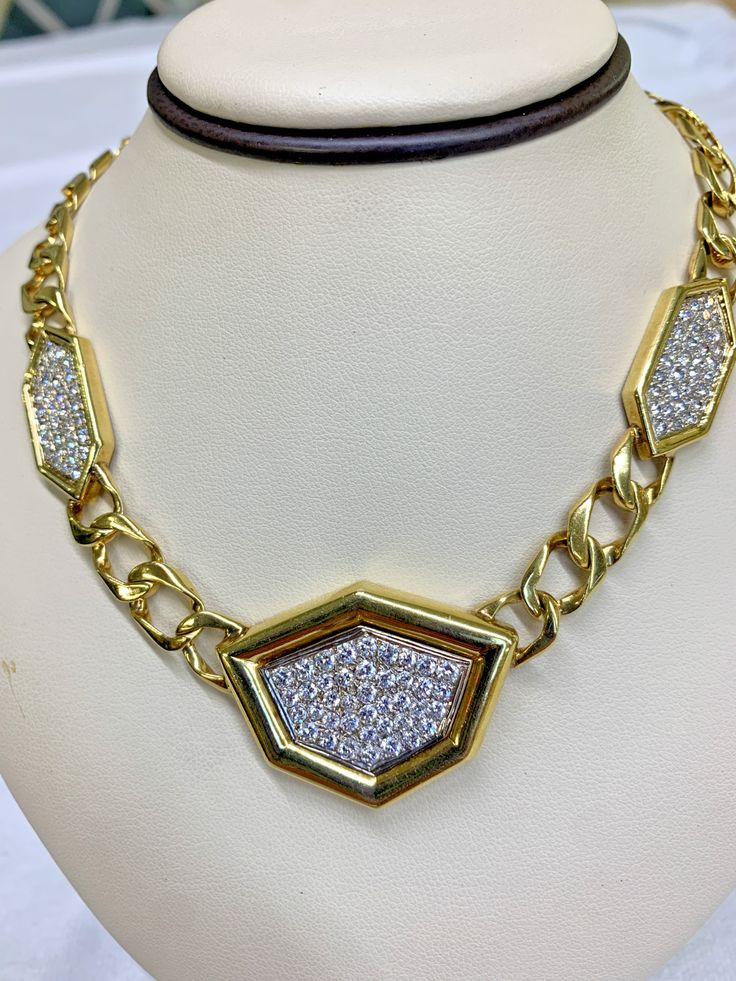 4 Carat Diamond 18k Yellow Gold Women’s Necklace What an elegant necklace…definitely a statement piece! 18k Yellow gold 39.2 dwt /60.96 grams Square links w/3 pave dias plates Appx. Diamond Weight: 34-5pts 21-4pts 40-3pts 12-2pts Luxury White Gold Custom Necklace For Formal Occasions, Formal Yellow Gold Diamond Necklace With Chain, Formal Diamond Necklace With Chain, Luxury White Gold Necklace For Formal Occasions, Exquisite Polished Finish Necklace For Formal Occasions, Luxury Diamond Custom Necklace For Formal Occasions, Formal Diamond Necklace With Chain Detail, Luxury Custom Diamond Necklace For Formal Occasions, Formal Fine Jewelry Chain Necklace With Diamond Accents