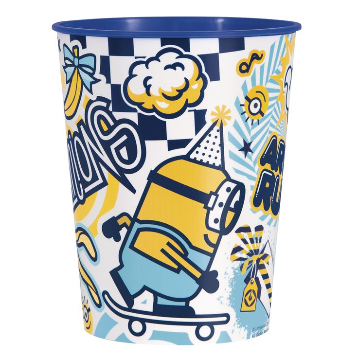 a blue and yellow cup with cartoon characters on the side, sitting in front of a white background