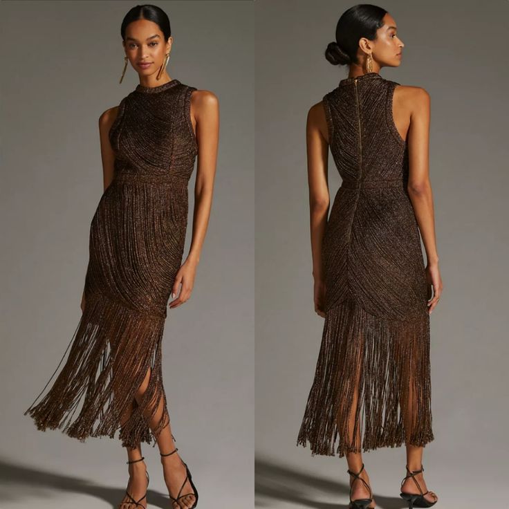 New Anthropologie Not So Serious By Pallavi Mohan Fringed Halter Dress Size 24w Halter Style Cocktail, Event Dress Brown With Bronze Metallic Thread Cording Gold Tone Back Zip Running 3/4 Front Top To Bum Bum Area. Fringe Cording Hem Bronze Colored Lining Which Shows Through With Movement Of Cording. Please Note: May Have Various Areas Of Subtle Fray Of Metallic Thread, Common With Use Of Metallic Thread In Garments. Flat Lay Measurements: 24" Pit To Pit 23" Waist 29" Hip 9.5" Neck Hole 12" Arm Western Outfits Women Formal, Elegant Sleeveless Midi Dress With Fringe, Sleeveless Fringe Midi Dress For Cocktail, Sleeveless Midi Dress With Fringe For Date Night, Sleeveless Brown Fringe Dress, Sleeveless Brown Dress With Fringe, Brown Sleeveless Fringe Dress, Country Cocktail Attire, Fringe Gown