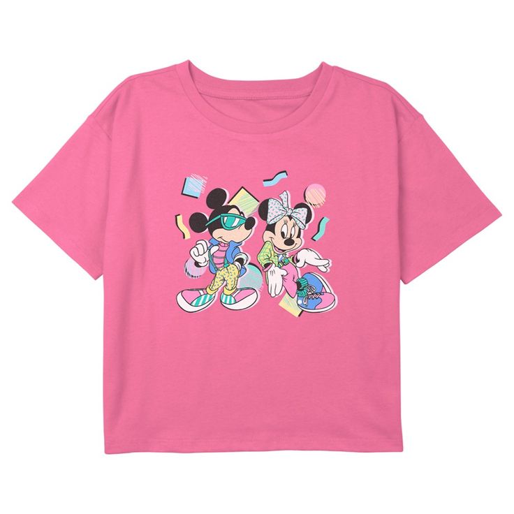 Who knew that dressing "mousey" could be so cute!? Celebrate Walt Disney's most iconic character with fun new officially licensed Mickey and Friends apparel for the whole family! This Girls' Mickey and Friends Retro '80s Minnie and Mickey Mouse Graphic Cropped T-Shirt features a large graphic of Mickey and Minnie looking extra-cool in colorful pastel '80s-inspired outfits across the front. Whether you're a super fan, or just looking for a unique 'fit for a trip to the Disney parks, these all-new Trendy T-shirt With Character Print For Disney Fan Events, Disney Minnie Mouse Pink T-shirt, Disney Summer Cartoon Print T-shirt, Disney Character Print Summer T-shirt, Spring Mickey Mouse Crew Neck T-shirt, Disney T-shirt For Fan Events In Spring, Disney Minnie Mouse Summer Tops, Cute Pink Minnie Mouse T-shirt, Pink Disney Cotton T-shirt