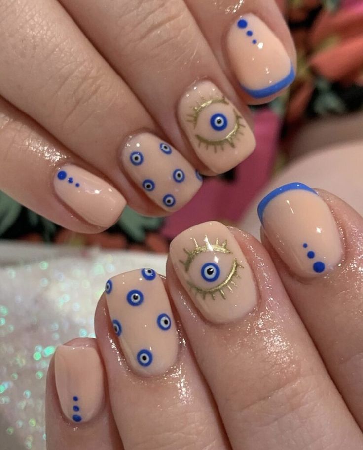 Evil Eye On Nails, Protective Eye Nails, Short Nails Evil Eye Design, Evil Eyes Nail Art, Eye Of Protection Nails, Ojo Nail Design, 3rd Eye Nails, Seeing Eye Nails, Greek Eye Nail Art