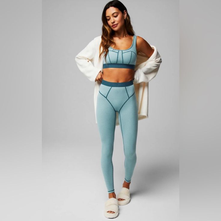 With Our Branded Elastic At Waistband, This High-Waisted Legging With Coverstitch Detailing Is Chafe-Resistant And Incredibly Comfy. 68% Polyester/28% Rayon/4% Elastane Sporty Activewear With Elastic Waistband For Relaxation, Fitted Athleisure Activewear For Relaxation, Sporty Fitted Activewear For Relaxation, Seamless Snug Fit Activewear For Loungewear, Sporty Blue Yoga Pants For Loungewear, Light Support Fitted Activewear For Loungewear, Athleisure Sports Bra With Medium Support For Loungewear, Seamless Athleisure Activewear For Casual Wear, Sporty Fitted Sports Bra For Loungewear