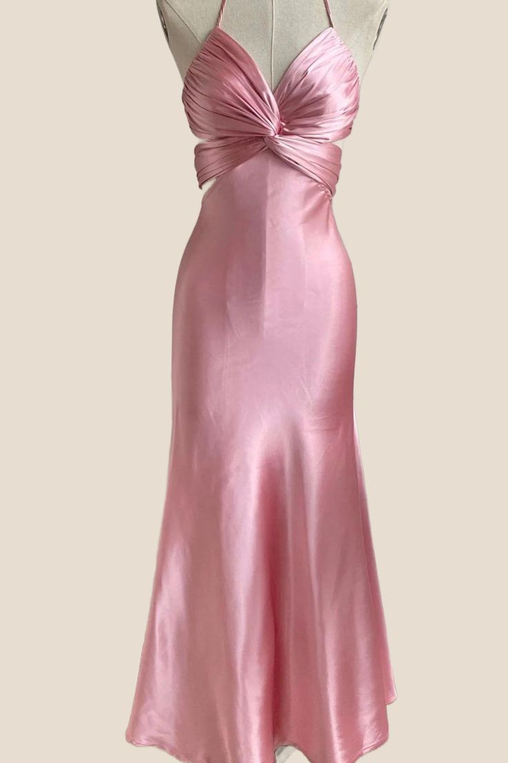 Elevate your style with the Twist Pink Cutout Halter Midi Dress. The dress is crafted with a satin material in a stunning pink color, perfect for any occasion. The halter neck and pleated twists on the bodice create a unique and flattering look, while the cutouts add a touch of edge. Designed with a fitted silhouette and midi length, this dress also features a built-in bra for added comfort and support. Elevate your wardrobe with this must-have piece. Dark Green Prom Dress, Rose Gold Prom Dress, Black Lace Formal Dress, Black Lace Evening Dress, Red Lace Prom Dress, Burgundy Homecoming Dresses, Mermaid Prom Dresses Lace, Pink Evening Dress, Strapless Prom Dresses