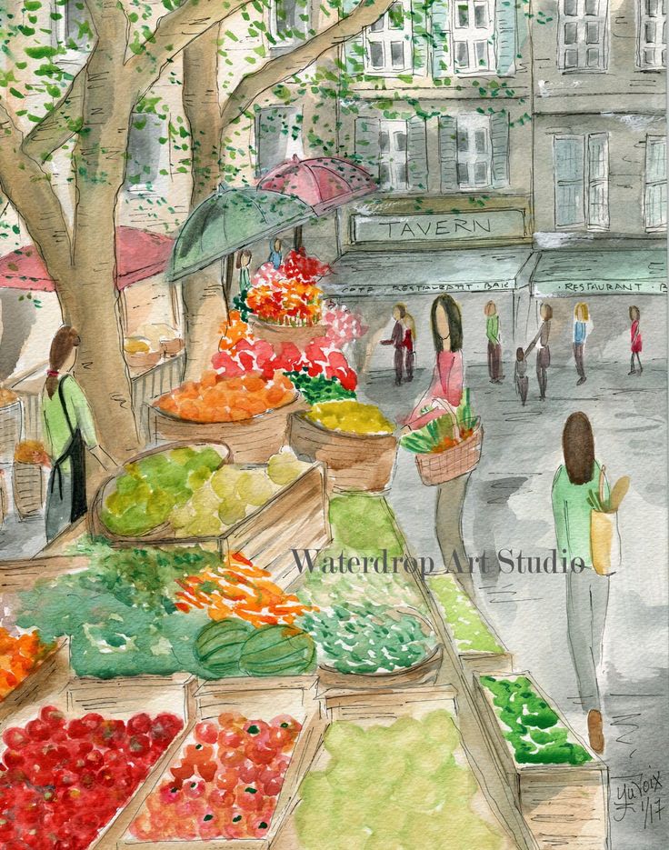 a watercolor painting of people shopping at an outdoor market with fruits and vegetables on display