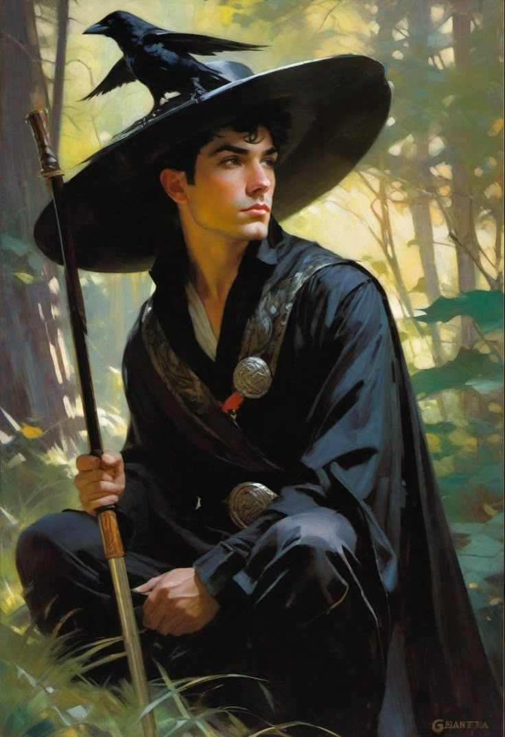 a painting of a man with a black hat on his head and holding a stick