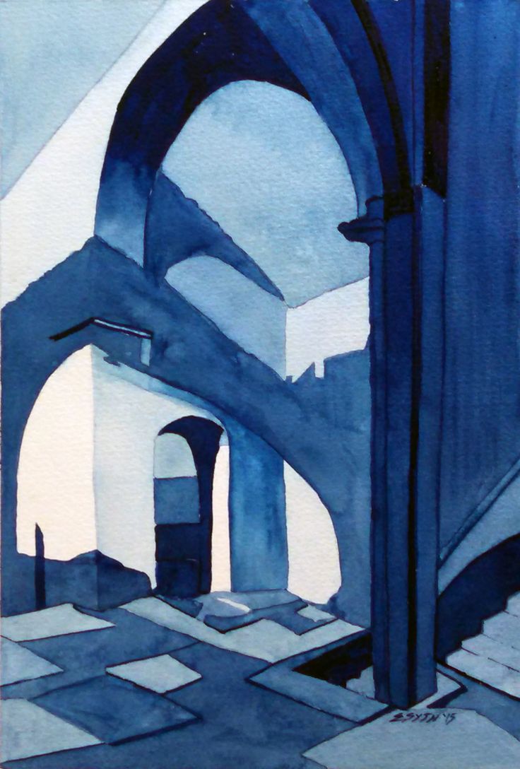 watercolor painting of an arch in the middle of a building with blue paint on it