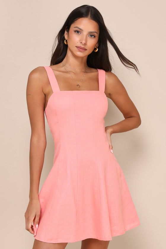 We're dreaming of wearing the Lulus Undoubtedly Sweet Coral Pink Linen Sleeveless Mini Dress during endless sunny days! Lightweight, linen-blend fabric shapes this perfect summer dress with wide adjustable straps and a flattering straight neckline. The fit-and-flare silhouette boasts seaming details through the A-line skirt that finishes with a cute mini hem. Hidden back zipper/clasp. Fit: This garment fits true to size. Length: Mid-thigh. Size medium measures 26" from adjustable straps to hem. Summer A-line Mini Dress With Tie Straps, Fitted Sundress With Sweetheart Neckline For Summer, Feminine Summer Sundress With Sweetheart Neckline, Summer A-line Sundress With Adjustable Straps, Summer Sleeveless Sundress With Sweetheart Neckline, Summer Sleeveless Dress With Sweetheart Neckline, Fitted Sleeveless Dress For Summer Picnic, Summer Dress With Sweetheart Neckline, Summer Cotton Sundress With Adjustable Straps