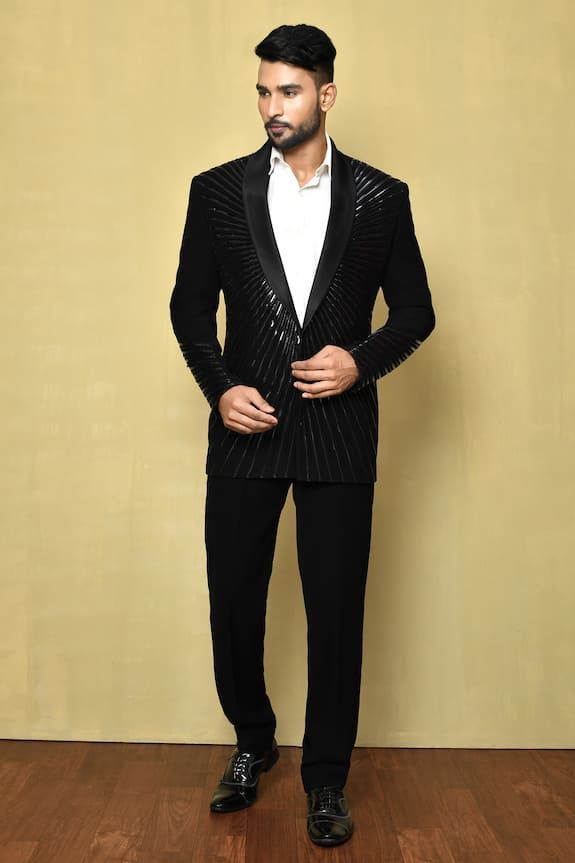 Black suit with linear pattern details. Comes with white shirt and black pant. - Aza Fashions Designer Fitted Black Sets, Black Tailored Designer Sets, Designer Black Sets For Evening, Designer Black Evening Sets, Designer Black Suit For Semi-formal Occasions, Designer Tailored Black Suit, Designer Black Semi-formal Suit, Designer Black Sets For Workwear, Designer Black Evening Suits