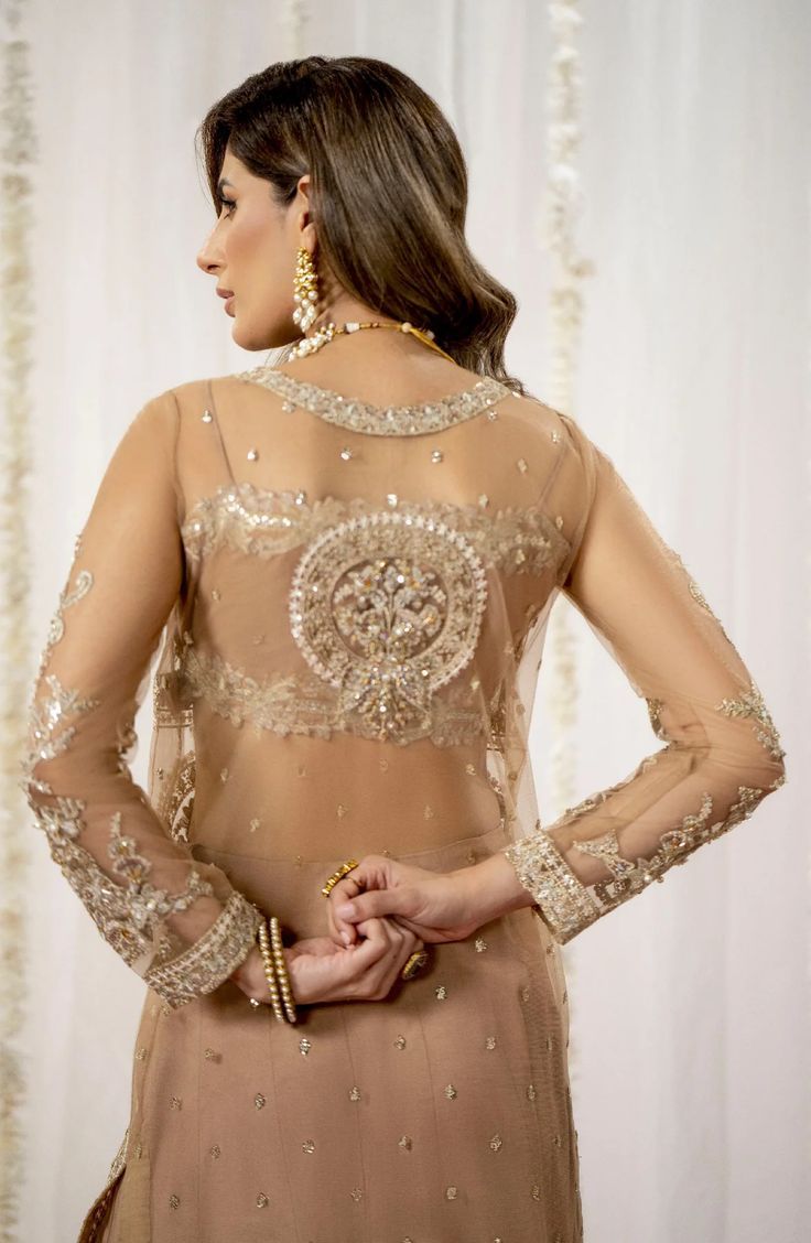 Luxury Beige Embroidered Pakistani Wedding Gown Pishwas Ensemble Wedding Net Sets For Eid, Glamorous Semi-stitched Dress With Sheer Dupatta, Glamorous Organza Dress With Resham Embroidery, Glamorous Semi-stitched Gown With Dupatta, Glamorous Georgette Anarkali Set For Wedding, Glamorous Gown With Intricate Embroidery In Saree Style, Glamorous Gown With Saree Shape And Intricate Embroidery, Glamorous Organza Dresses For Eid, Elegant Embellished Net Sharara