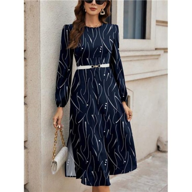 -Item Id 41548743 -Details: Zipper -Neckline: Round Neck -Sleeve Type: Bishop Sleeve -Style: Casual -Type: A Line -Waist Line: High Waist -Hem Shaped: Flared -Color: Navy Blue -Pattern Type: Colorblock, All Over Print -Sleeve Length: Long Sleeve -Fit Type: Regular Fit -Length: Long -Material: Woven Fabric -Composition: 95% Polyester, 5% Elastane -Care Instructions: Machine Wash, Do Not Dry Clean,Wash With The Soft Detergent -Sheer: No -Fabric: Slight Stretch **Open To Offers!!!** **Bundle To Sav Bishop Sleeve, Summer Color, Printed Sleeves, Boutique Dresses, Blue Pattern, Dresses Casual, All Over Print, Sleeve Dress, Sleeve Type