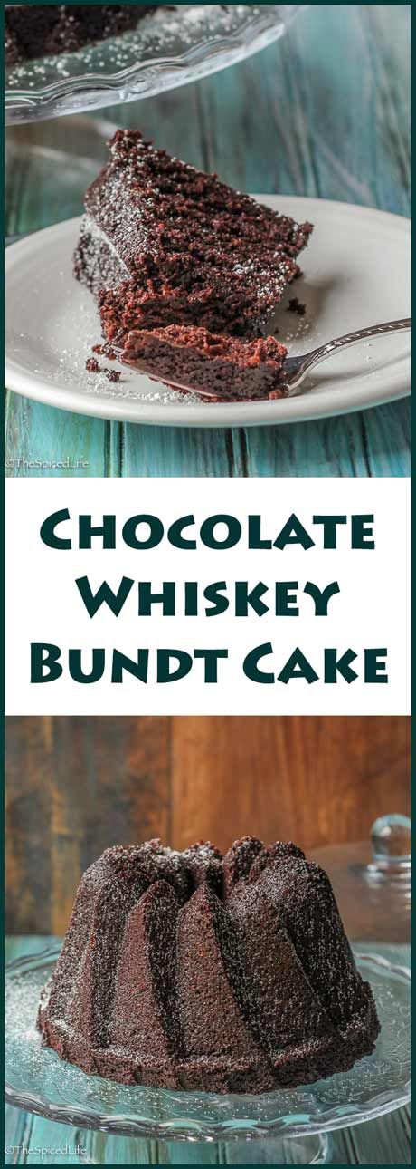 chocolate whiskey bundt cake on a plate with the words, chocolate whiskey bundt cake