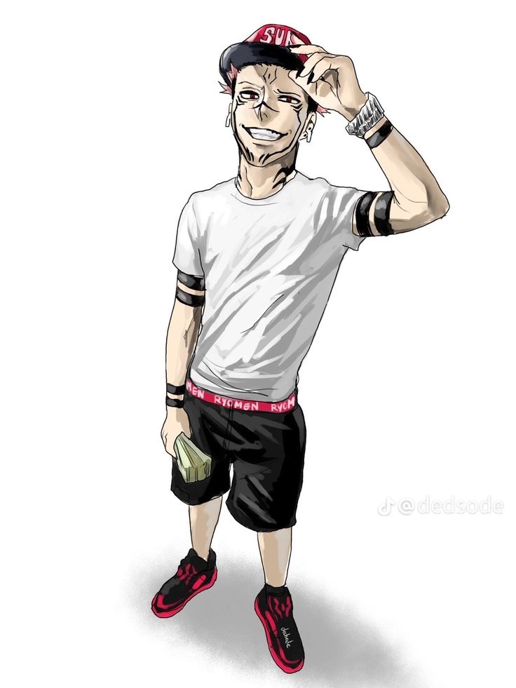 a drawing of a man in shorts and a t - shirt with his hand on his head