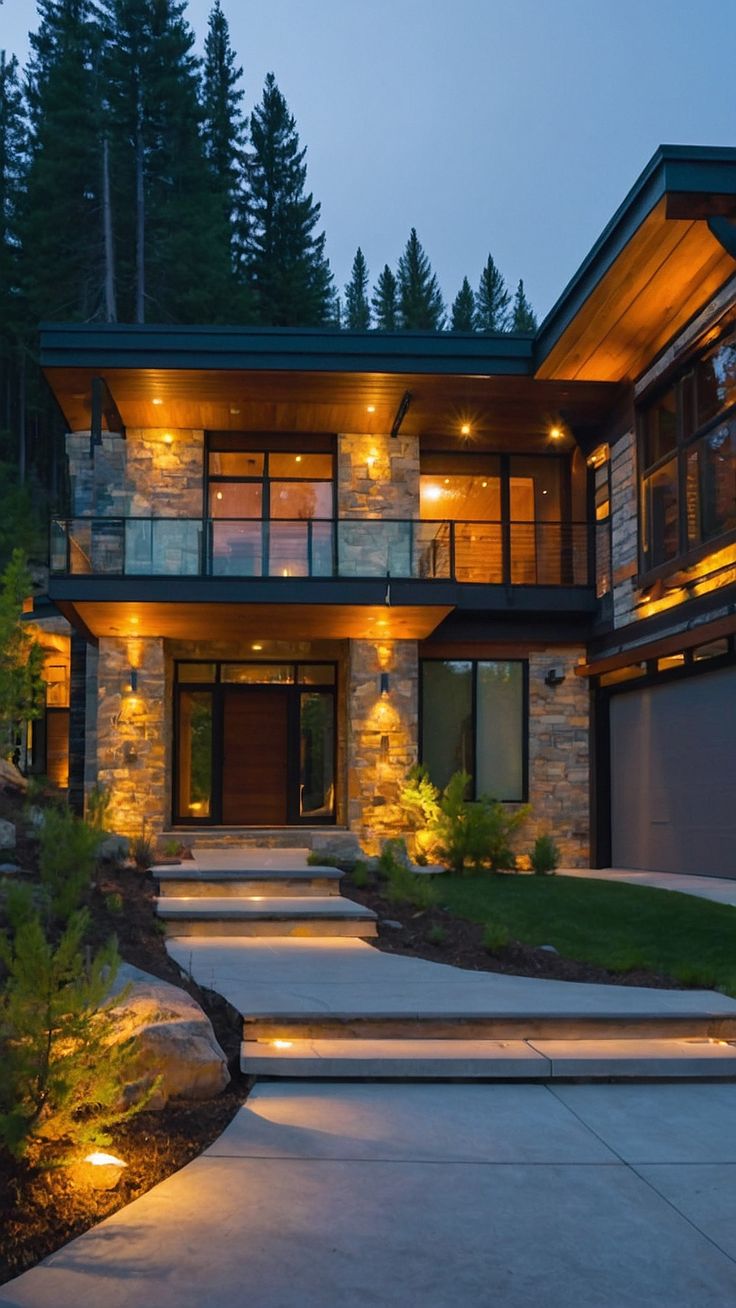 a modern house lit up at night with steps leading to the front door and windows