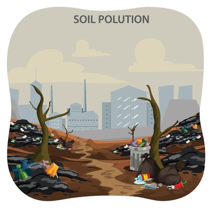 an image of soil pollution with trash and trees in the foreground, cityscape in the background