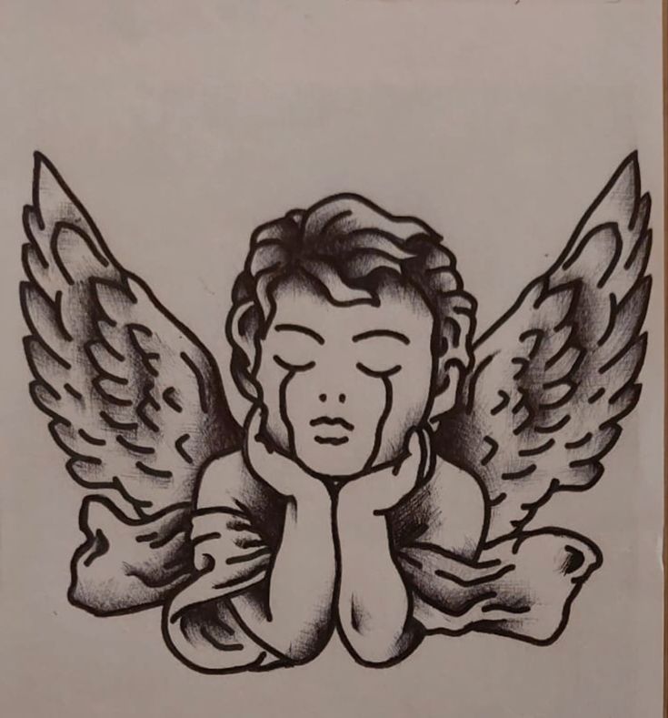 a drawing of an angel with two hands on his chest