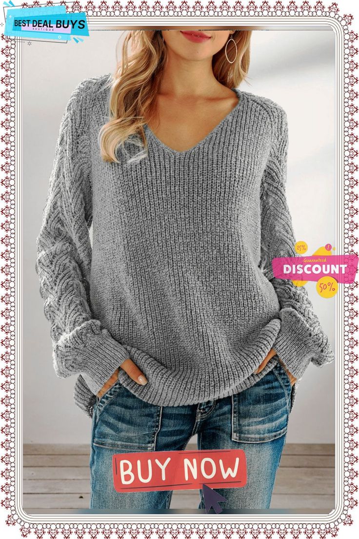 Gray Long Sleeve Knitted Shift V Neck Sweater Casual Acrylic V-neck Sweater For Winter, Knitted Acrylic V-neck Sweater For Winter, Trendy Gray Long Sleeve V-neck Sweater, Casual V-neck Sweater With Chunky Knit, Casual Solid V-neck Sweater For Winter, Casual Solid V-neck Winter Sweater, Gray Knit V-neck Outerwear, Gray V-neck Knitted Outerwear, Gray V-neck Knit Outerwear