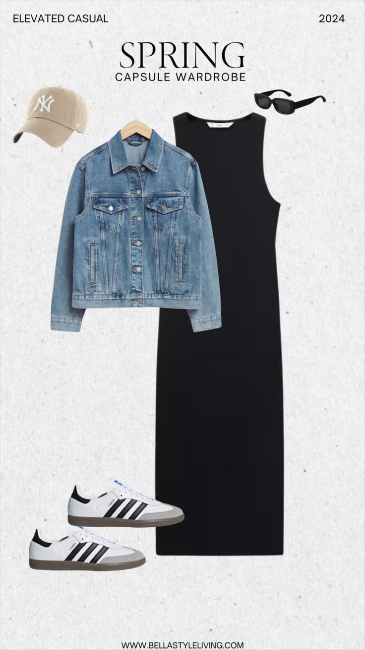 Cotton midi dress - Women curated on LTK Styling Sneakers With Dresses, Adidas Dress Outfits, Black Denim Dress Outfit, Summer Dresses With Sneakers, Japan Spring Outfit, Black Dress Sneakers, Denim Dress Outfit Ideas, Outfits Con Vestido, Black Midi Dress Outfit