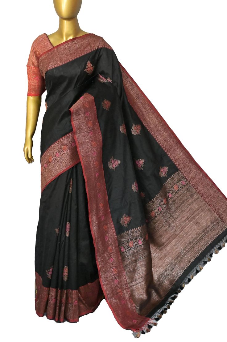 This latest collection is in a black and red color combination, a pure tussar silk banarasi saree with golden zari and meenakari work, and in an alluring meenar butta work on the body and traditional meenakari work on the pallu and the border and all over. Color: A shade of black and red color Technique: A pure and refined hand-done work of border with meenakari zari work and traditional meena butta work Fabric: Tussar Quality: IndyVogue's Assurance of Silk Mark Certification Note: Comes with co All Over Color, Red Color Combinations, Tussar Saree, How To Wash Silk, Silk Banarasi Saree, Brocade Blouses, Blouse Measurement, Color Techniques, Banarasi Saree