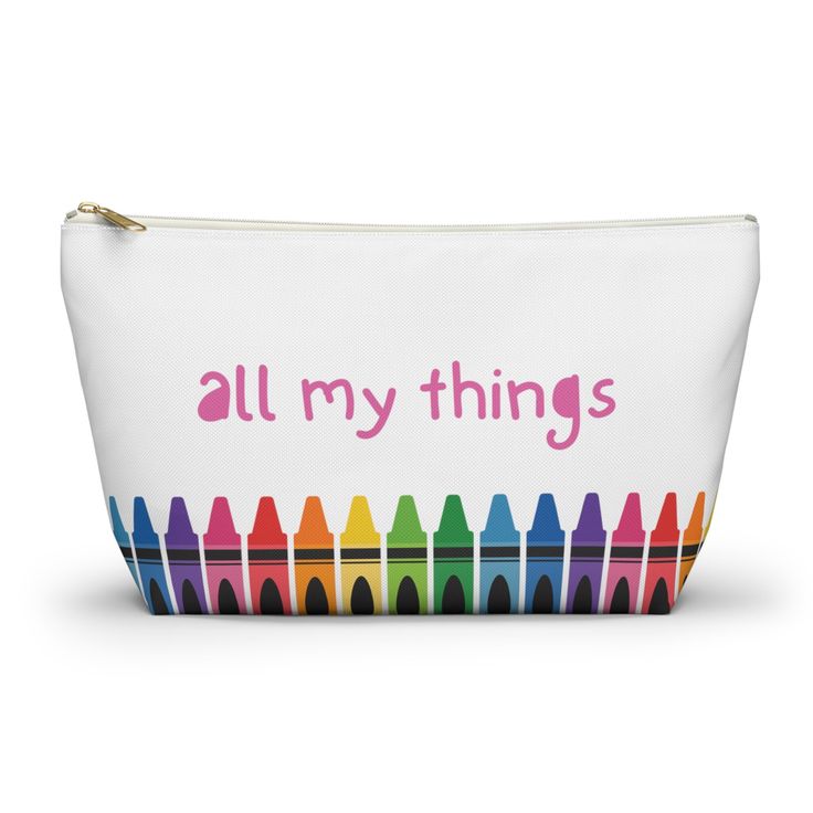 Colorful crayons adorn this adorable polyester zipper pouch making it the perfect bag for crayons, colored pencils, craft supplies, makeup, or just about anything! This quality bag features a T-bottom and both sizes are very spacious. Design is on both sides. --Choose Small (8.66 L x 4.72 H x 2.36 W) or Large (12.6 L x 7.28 H x 3.15 W) --100% Polyester --With non-woven laminate inside --Assembled in the USA from globally sourced parts Designed by AdurrablyYours. Check out my other products and add them to your order! https://adurrablyyours.etsy.com/ *SHIPPING & OTHER IMPORTANT INFO* --Most products will be printed professionally and then shipped 1-6 days after purchase, but may take longer over a weekend or holiday. Please message me if you need it ASAP and I will try to accommodate your r Multicolor School Bag With Zipper Pouch, Playful White Pencil Case For Everyday Use, Cute Multicolor Cosmetic Bag For Personal Use, Playful Multicolor Pencil Case For Everyday Use, Cute Multicolor Cosmetic Bag, Fun Multicolor Pencil Case For Everyday Use, Playful Multicolor Cosmetic Bag For School, Multicolor Pencil-shaped Pencil Case For Travel, Playful Multicolor Cosmetic Bag