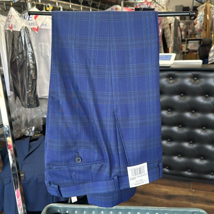 Saks Fifth Avenue Men’s Navy Blue Plaid Suit Pants Size 29w/29t Classic Blue Suits With Trousers, Tailored Blue Wide Leg Dress Pants, Formal Full-length Blue Bottoms, Blue Formal Full-length Bottoms, Blue Slim Fit Straight Leg Suit, Blue Classic Straight Leg Suits, Blue Tailored Wide Leg Pants, Blue Tailored Flat Front Dress Pants, Tailored Wide Leg Blue Pants