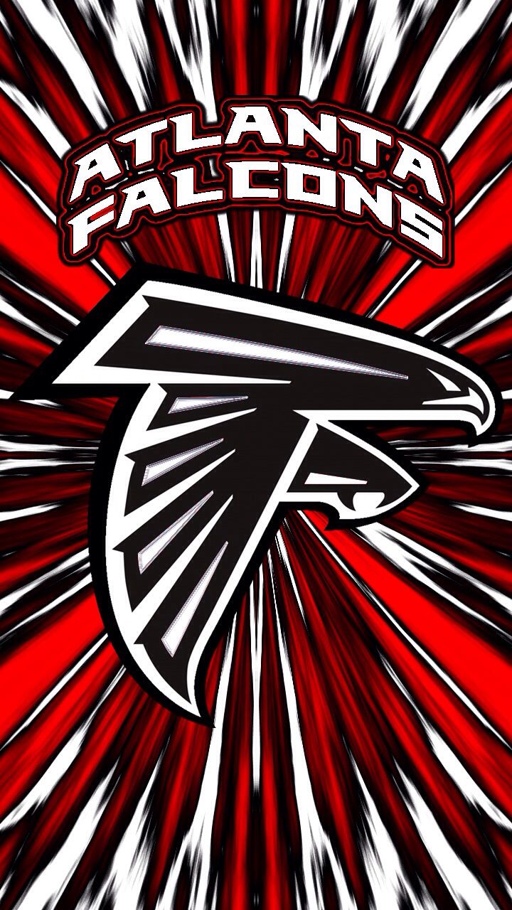 the atlanta football team logo is shown in red, white and black with an abstract background