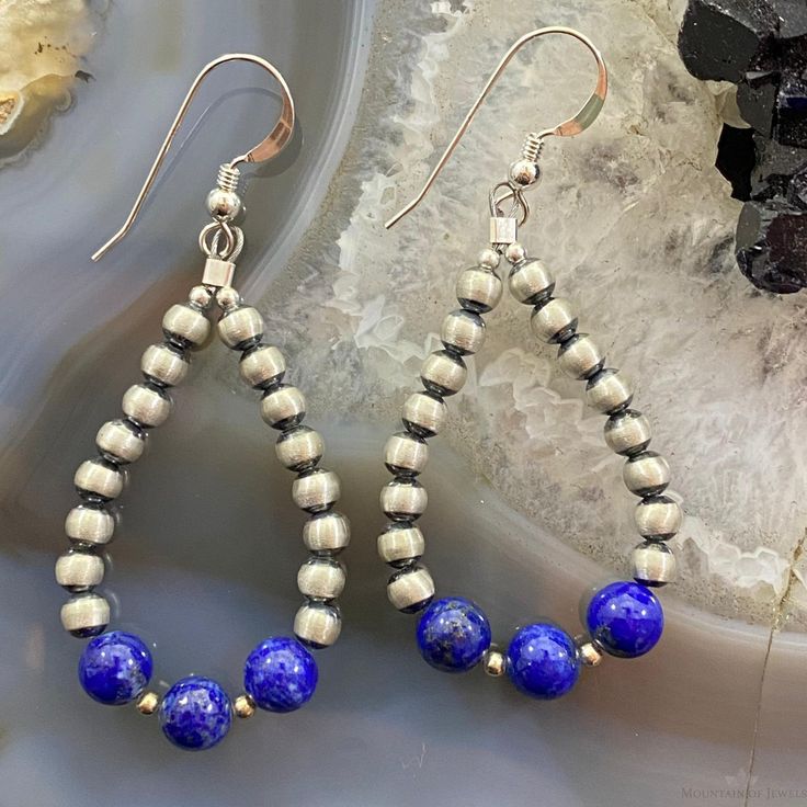 Navajo Pearl Bead 4mm And Lapis Bead 6mm Sterling Silver Dangle Hoop Earrings For Women. Measure 1" X 1 1/2" (Drop 2 1/4") And Weighs 5.5 Grams. (Swer28od37) Minimalist Jewelry With Dangling Round Beads, Sterling Silver Earrings With Polished Beads, Everyday Round Bead Dangling Earrings, Everyday Earrings With Dangling Round Beads, Artisan Jewelry With Dangle Spacer Beads, Artisan Dangle Jewelry With Spacer Beads, Everyday Teardrop Jewelry With Dangling Beads, Beaded Earrings Diy, Dangle Hoop Earrings