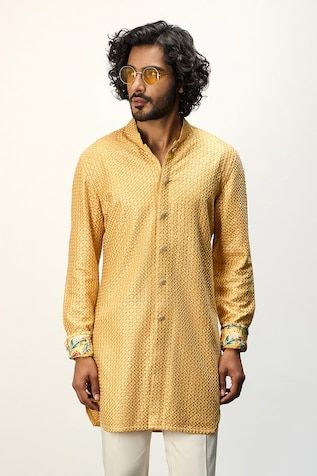 Yellow kurta with thread embroidery and printed cuffs. Paired with a white straight pant. - Aza Fashions Long Sleeve Kurta With Embroidered Cuffs For Eid, Eid Long Sleeve Kurta With Embroidered Cuffs, Fitted Long Sleeve Kurta With Embroidered Cuffs, Traditional Long Sleeve Kurta With Embroidered Cuffs, Designer Embroidered Cuff Kurta For Eid, Eid Fitted Kurta With Embroidered Cuffs, Festive Cotton Kurta With Embroidered Cuffs, Designer Fitted Kurta With Embroidered Cuffs, Fitted Sets With Embroidered Cuffs For Festive Occasions