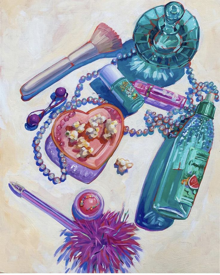 an oil painting of various items on a table with beads, necklaces and bottles