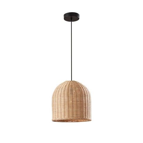 a rattan light hanging from the ceiling