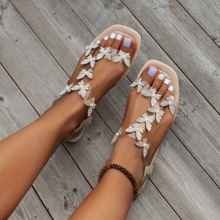 Women's Butterfly Decor Flat Sandals, Square Open Toe Elastic Band Slip On Shoes, Fashion Outdoor Beach Sandals Beige T-strap Sandals For Summer, Beige T-strap Sandals For Summer Vacation, Flat Synthetic Lace-up Sandals For Party, Beige Slingback Sandals For Summer Parties, Party Lace-up Open Toe Sandals For Beach Season, Synthetic T-strap Sandals For Summer Party, Summer Party Sandals With Adjustable Fit, Beige Sandals For Summer Parties, Beige T-strap Sandals For Summer Beach