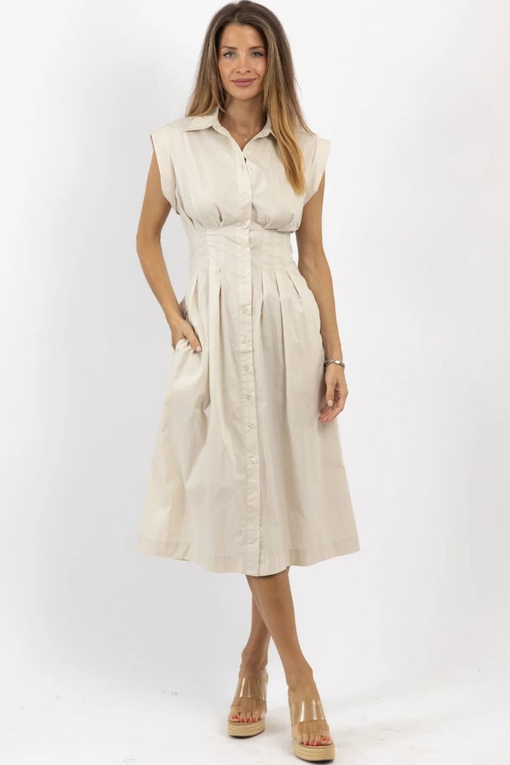 OYSTER LINEN MIDI DRESS – L'ABEYE Collared Linen Midi Dress For Day Out, Fitted Linen Collared Midi Dress, Chic Button-up Linen Dress, Linen Midi Length Dress For Daywear, Beige Sleeveless Midi Dress With Buttons, Fitted Linen Midi Dress With Collar, Summer Midi Shirt Dress With Buttons, Chic Linen Collared Midi Dress, Beige Cotton Midi Dress For Casual Wear