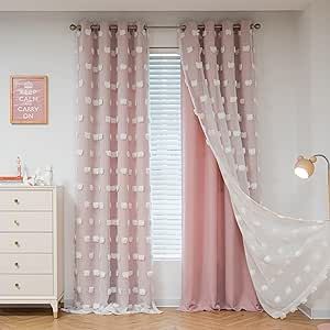 a baby's room with pink and white curtains, a crib, dresser and bed