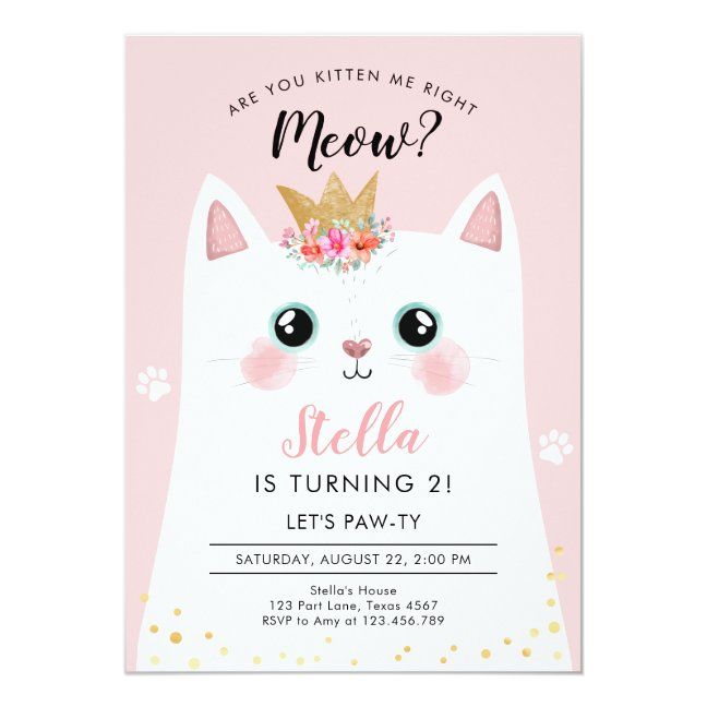 a pink and gold cat birthday party card with the words, meow? stella is turning