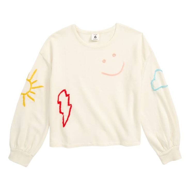 Embroidered Patches Stand Out In Eye-Catching Colors On This Soft Cotton Sweatshirt. - 100% Cotton - Size: 2 - Color: Cream - Sweatshirt - Embroidered This Stem Embroidered Sweatshirt Comes New Without Tags Attached & Comes From A Pet/Smoke Free Home. Playful Long Sleeve Cream Tops, Playful Relaxed Fit Tops For Fall, Playful Cream Crew Neck Top, Cute Cream Crew Neck Top, Cute Cream Relaxed Fit Top, Casual Embroidered Long Sleeve Tops, Cream Embroidered Cotton Tops, Cream Embroidered Long Sleeve Tops, Cute Embroidered Relaxed Fit Tops