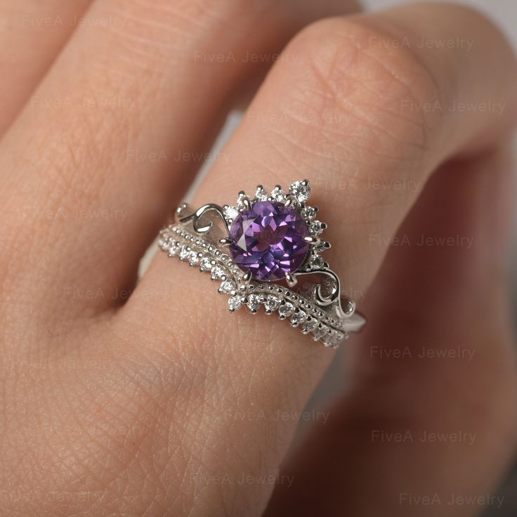 * The delicate ring displays amethyst as main stone. The curved band beneath the gemstone makes the ring like an elegant crown. For who wearing this dainty ring, will shine like a queen. ◆ Production Description: Main stone Type: Amethyst Main Stone Shape: Round Cut Main Stone Size: 7*7mm Side stone: CZ Metal: 925 Sterling silver - Other options available in the drop down menu ◆ Customization: √Free for Add Engraving √Other Metal Type Available √Other Gemstones & Shapes Available √Personaliz Purple And Silver Wedding Ring, Purple Quince Ring, Elegant Purple Birthstone Ring With Round Cut, Elegant Purple Amethyst Open Ring, Elegant Purple Round Cut Birthstone Ring, Elegant Purple Crystal Ring With Prong Setting, Elegant Purple Solitaire Birthstone Ring, Elegant Purple Birthstone Ring With Open Design, Elegant Purple Birthstone Promise Ring