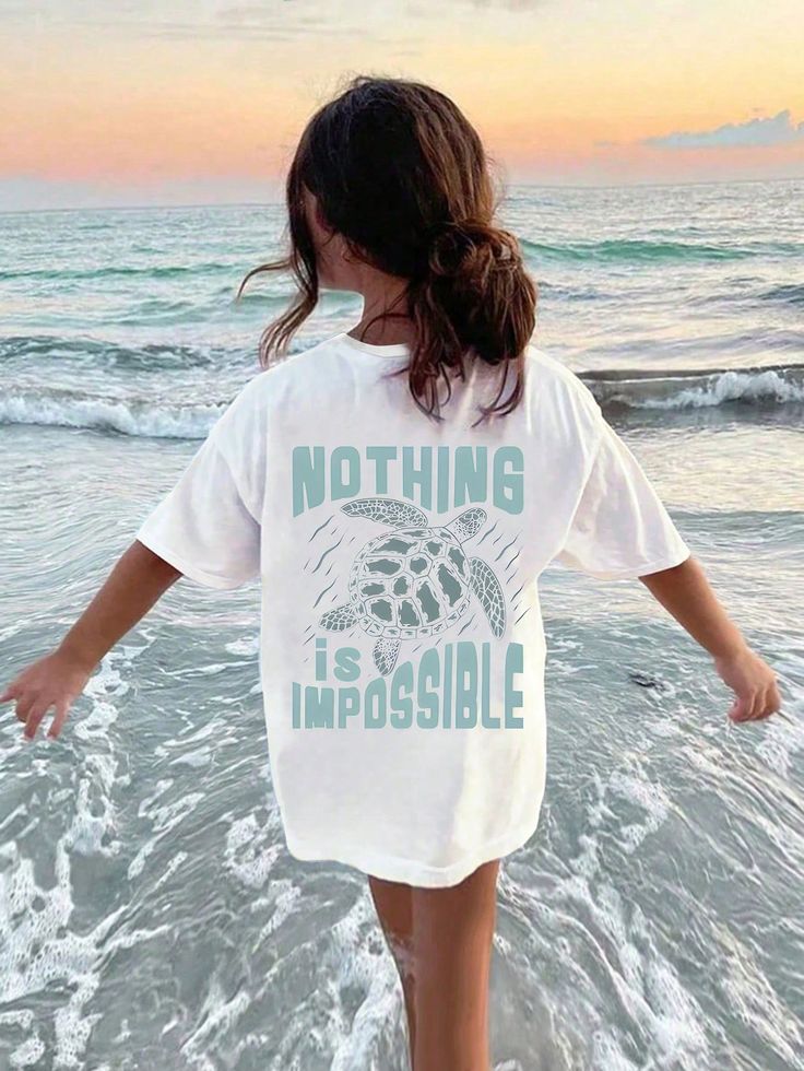 Young Girl Short Sleeve Crawling Turtle Printed T-Shirt, Ocean Nature Series, Casual Vacation Style, Suitable For Travel In Summer White Casual  Short Sleeve Knitted Fabric Letter,Tropical,Plants  Non-Stretch  Young Girls Clothing, size features are:Bust: ,Length: ,Sleeve Length: Beach Tshirt Designs, Ocean Shirt, Ocean Nature, Fits For Summer, Beach Design, Beach T Shirts, Casual Stripes, Vacation Style, Kids Sleepwear