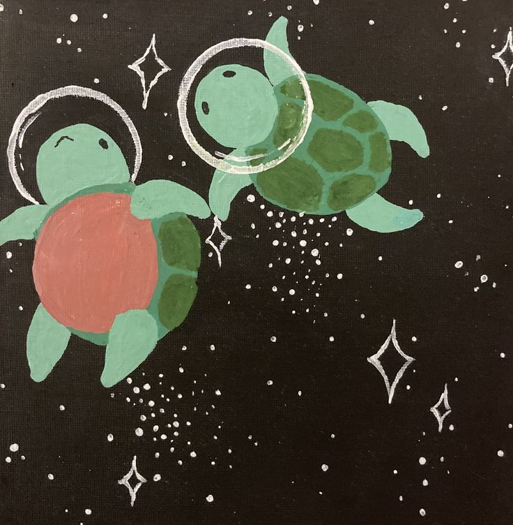 two green sea turtles swimming in the ocean with stars around them and one red turtle on its back