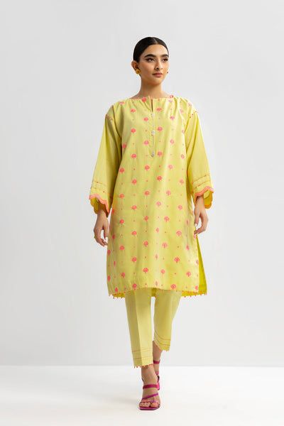 Yellow Cotton Kurta With Dabka, Yellow Cotton Kurta With Dabka Detail, Yellow Cotton Kurta With Dabka Embroidery, Yellow Printed Kurta For Spring, Fitted Yellow Cotton Lawn Suit, Yellow Long Sleeve Sets For Summer, Summer Yellow Long Sleeve Sets, Yellow Long Sleeve Summer Set, Unstitched Yellow Cotton Lawn Suit