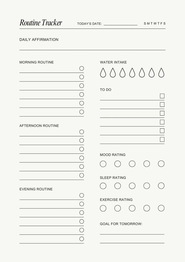 the printable routine tracker is shown in black and white, with water drops on it